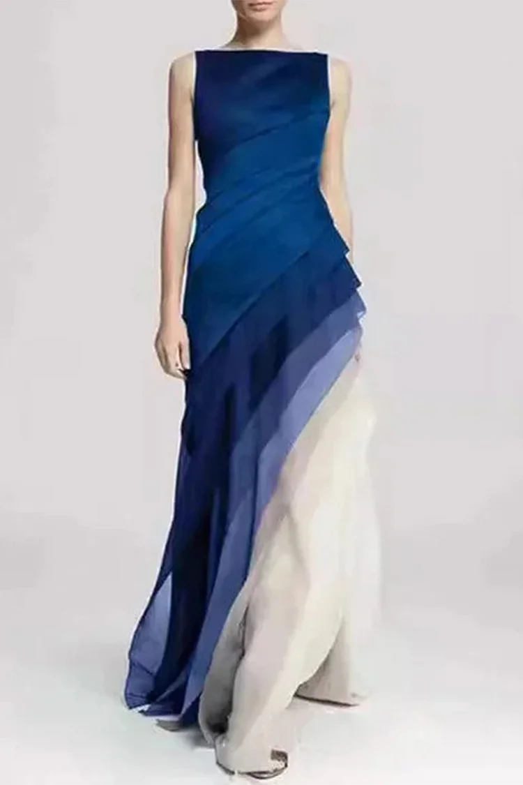 Semi Formal Navy Blue Organza Pleated Gradient Maxi Dress