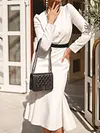 Fashion Simple Round-Neck Long Sleeve Belted Falbala Urban Midi Dress