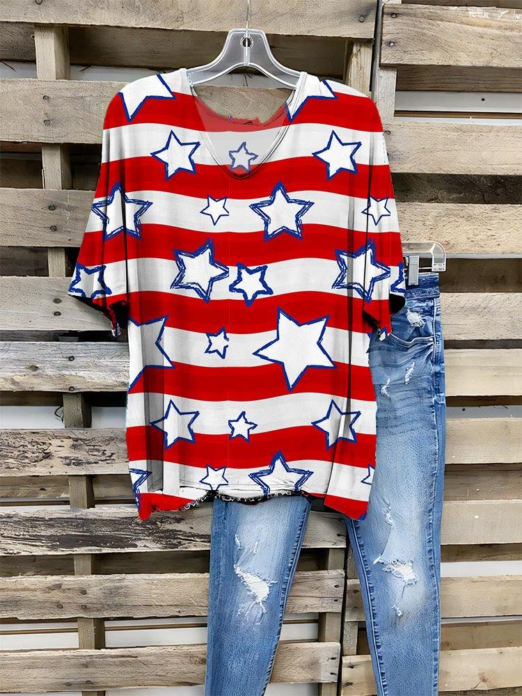Women's New Striped Stars Printed Half-sleeve V-neck T-shirt