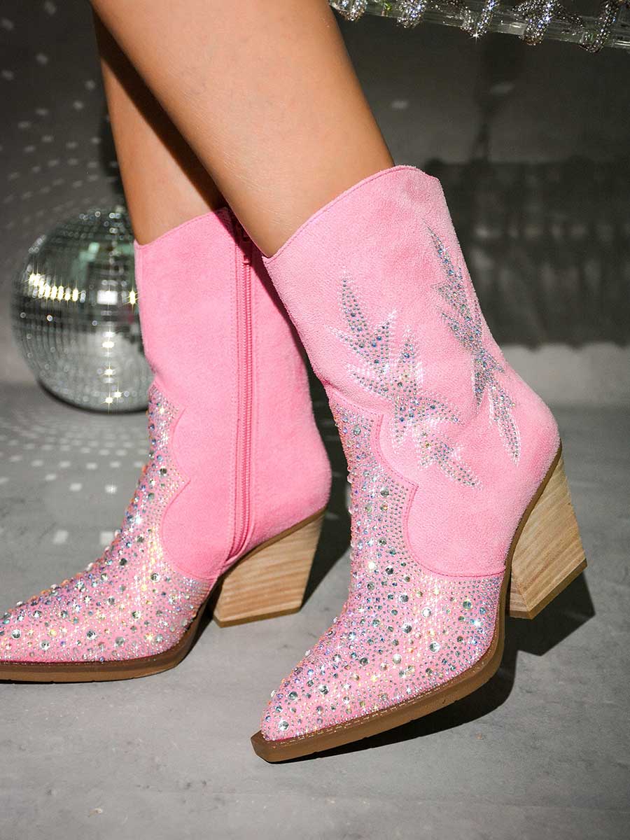 Pink Faux Suede Pointed Toe Rhinestone Embellished Heeled Cowgirl Ankle Boots 
