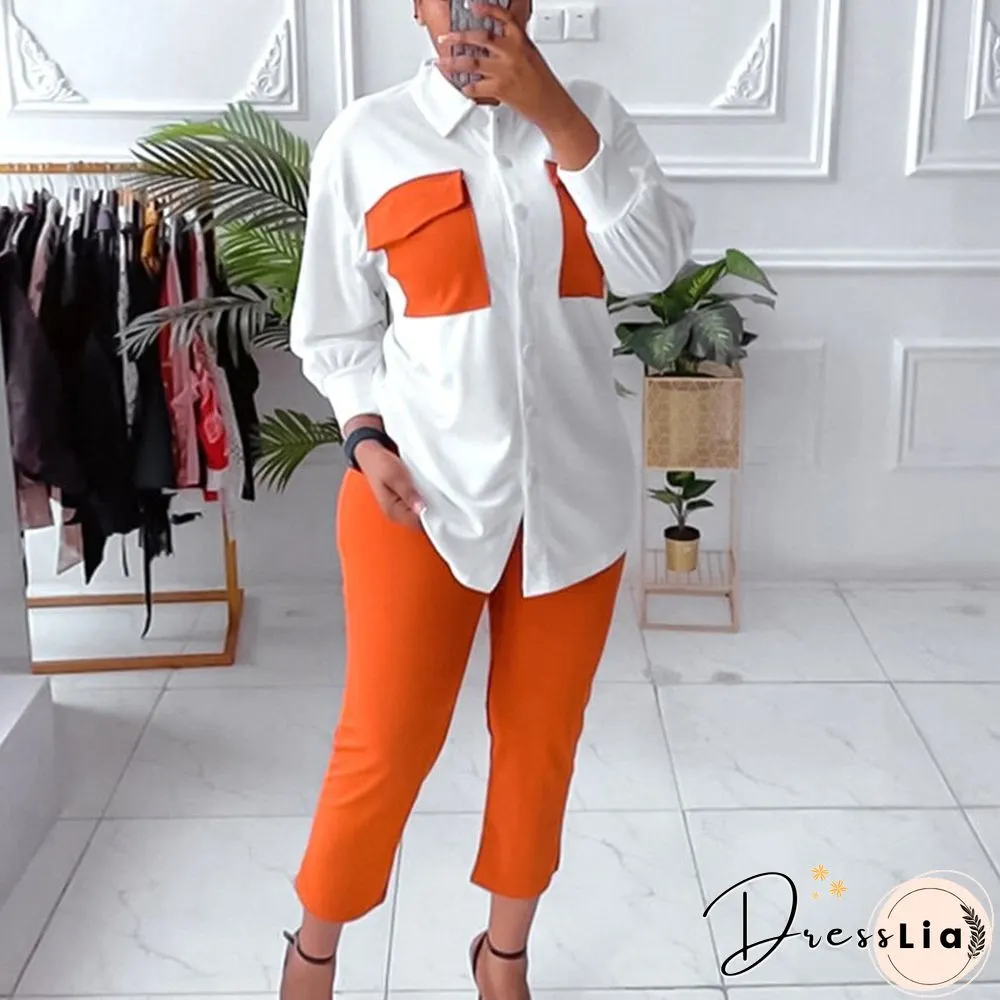 Fashion Contrasting Colors Patchwork Set 2pc Set Autumn Lapel Button Shirts & Slim Long Pants Suit New Casual Office Long Sleeve