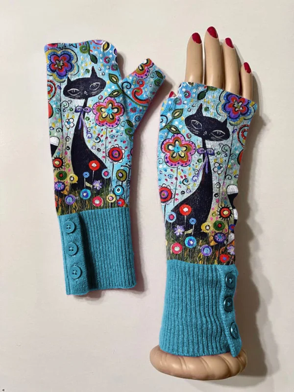 Retro floral cat casual print knit fingerless gloves