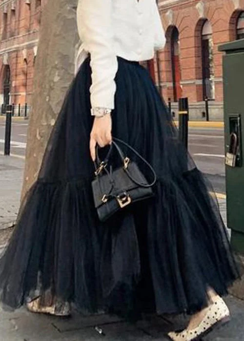 Italian Black Solid High Waist Tulle Skirt Spring