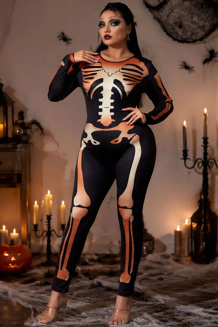 Xpluswear Design Plus Size Halloween Costume Black Skeleton Print Long Sleeve Knitted Jumpsuit（Ships 24h） 2024 - Xpluswear