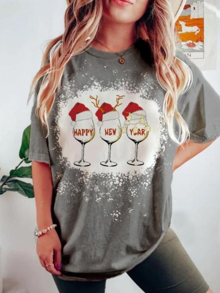 Women's Christmas Cap And Wine Cup Printed Short Sleeved T-Shirt