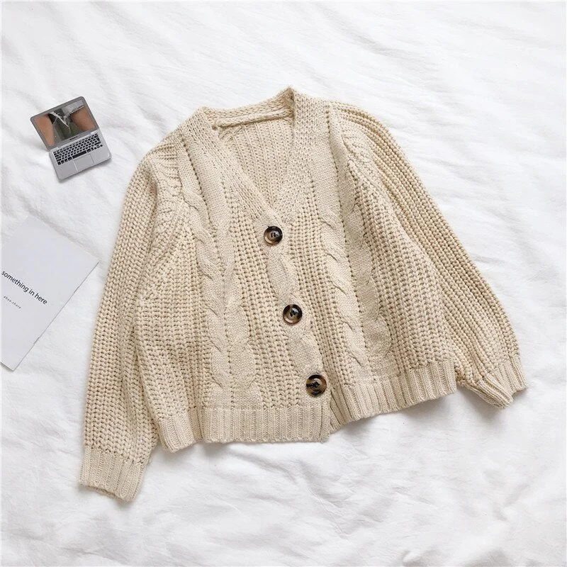 Women Cardigans New Fashion Solid Lantern Long Sleeve V-neck Twist Knitted Short Sweaters Korean Colorful Sweet Students Outwear