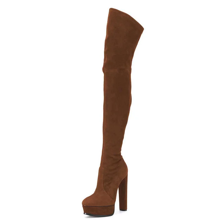 Brown Long Boots Vegan Suede Thigh-high Platform Boots for Women |FSJ Shoes