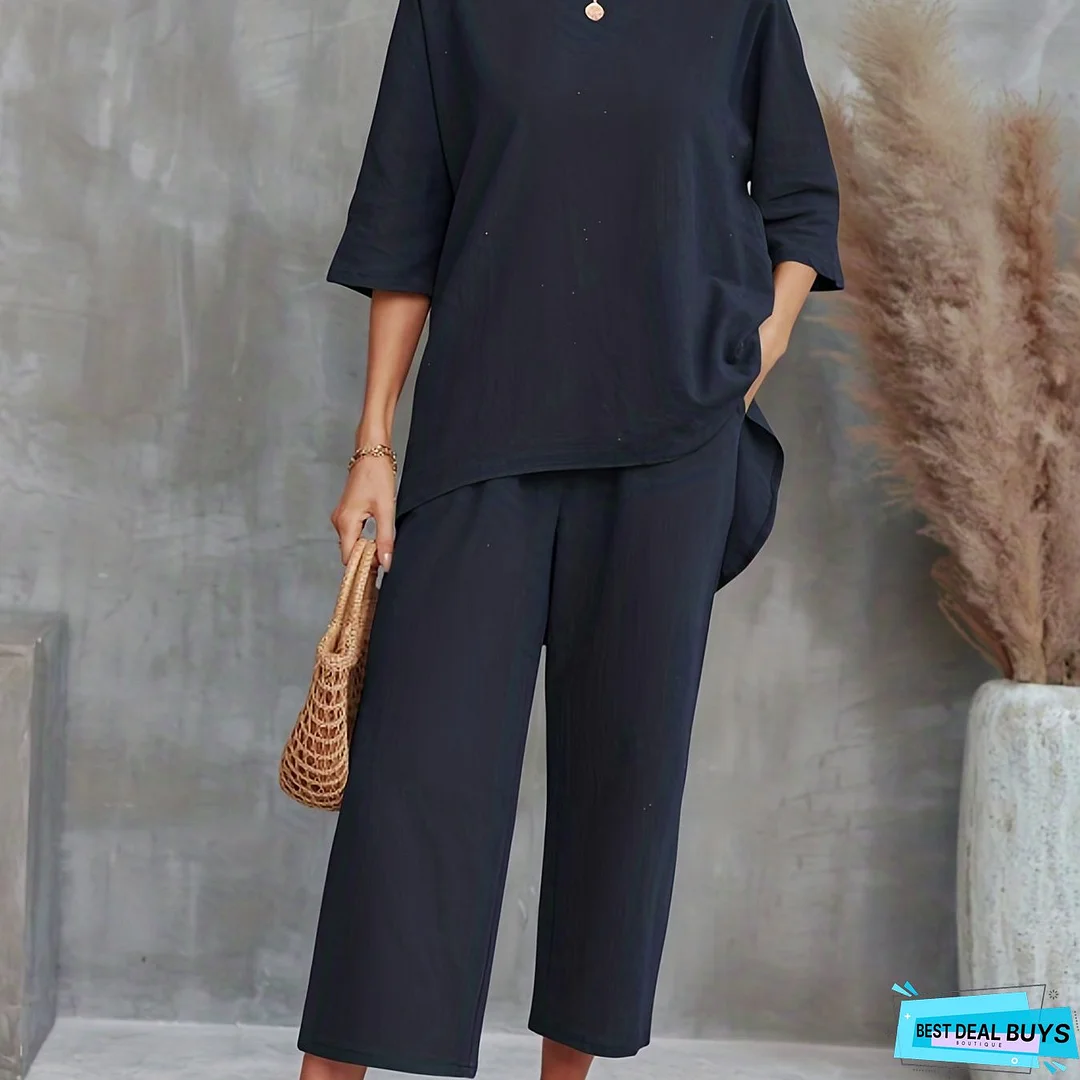 Solid Casual Two-piece Set, Crew Neck Half Sleeve Tee & Wide Leg Pants Outfits, Women's Clothing