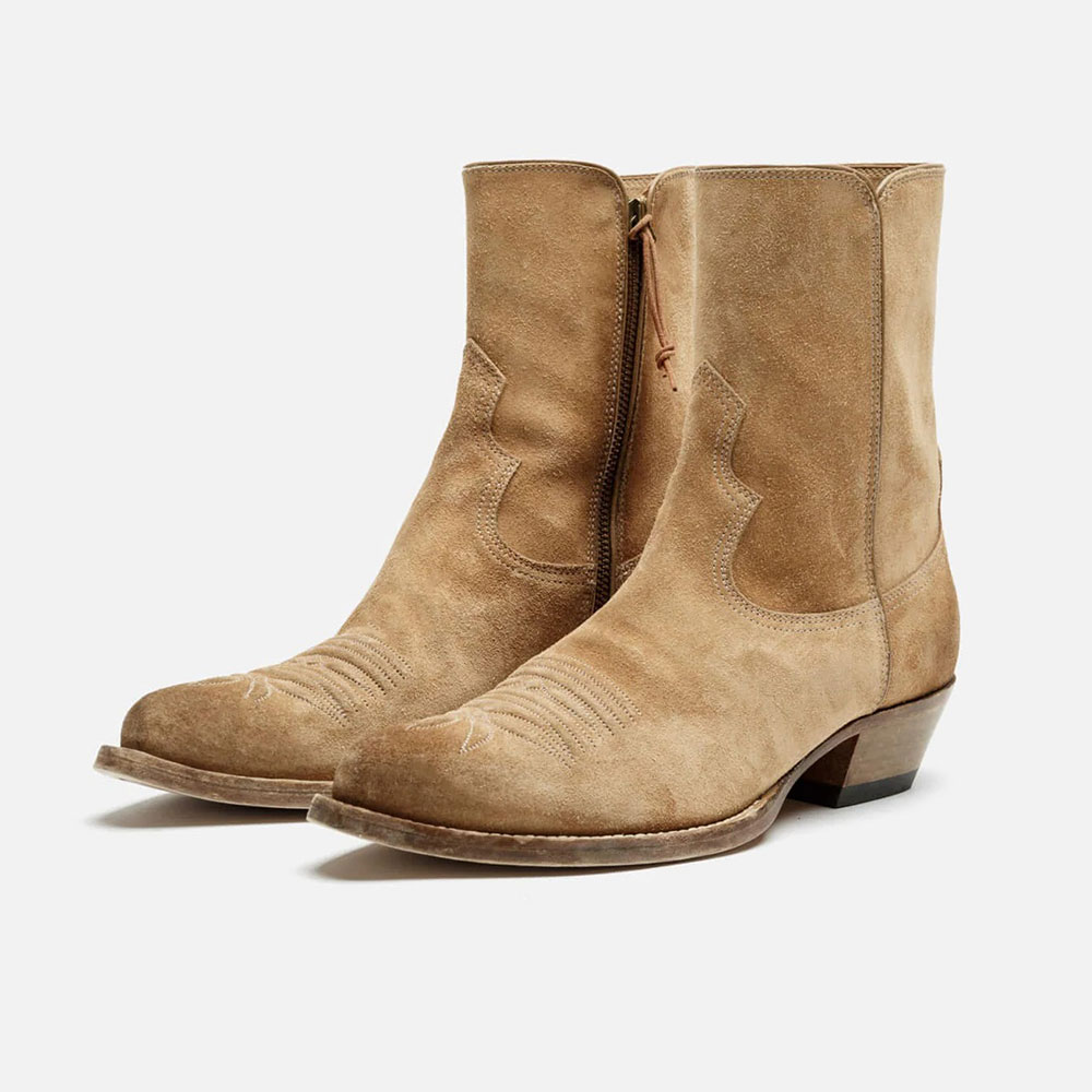 Tan Vegan Suede Chunky Heel Stitching Zipper Cowboy Boots for Women Nicepairs