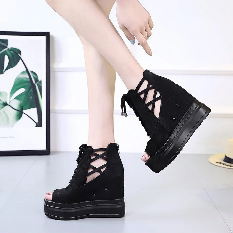 Summer Height Increasing Ankle Boots For Women Hollow Out Pep Toe Shoes Woman Fashion Cross Strap Chunky Platform Booties