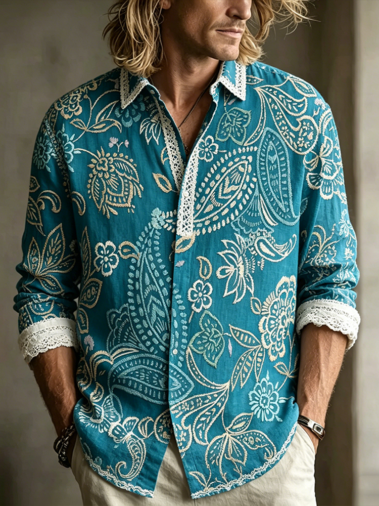 Comstylish Men's Retro Plant Flower Embroidery Pattern Design Casual Linen Shirt