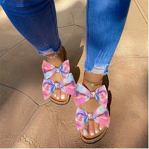 Rainbow Bow Slides Mixed Colors Slippers 2020 Summer Tie Dye Sandals Fashion Woman Flip Flops Cute Slippers for Women