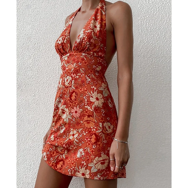 Women Floral Print Sleeveless Halter Neck Boho Deep V Neck Backless A Line Sundress Mini Dresses