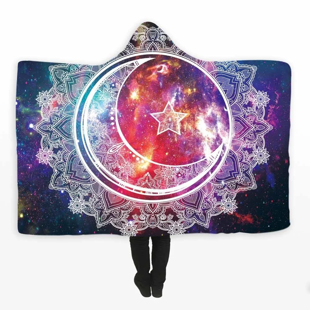 Mandala Hooded Blanket Printed Moon Star Sherpa Fleece Hoodie Blanket Microfiber Warm Soft Fluffy Throw Blanket For Adults Kids