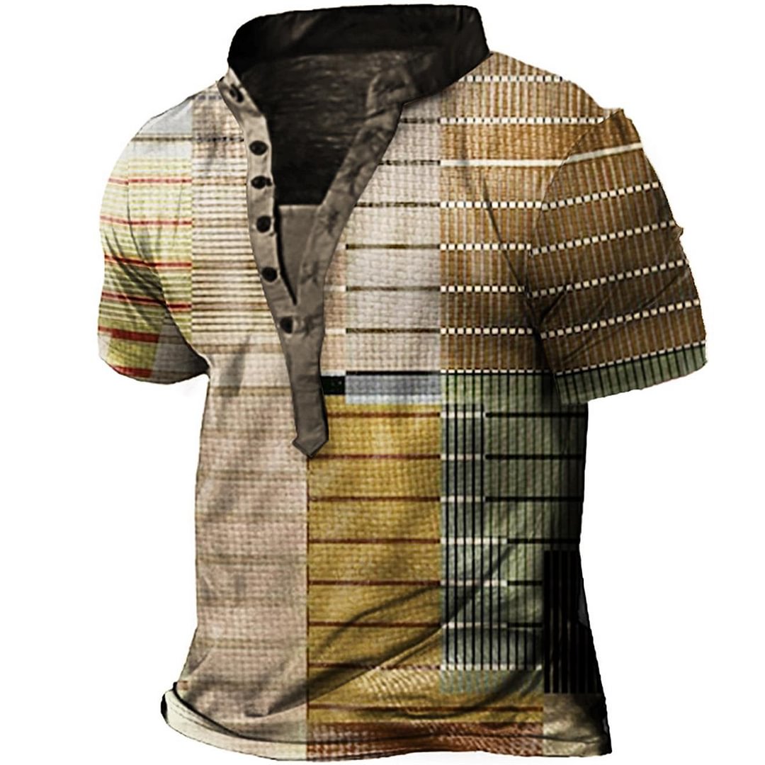 Men‘s Retro Printed Short Sleeve V Collar Button Outdoor Henley Shirt
