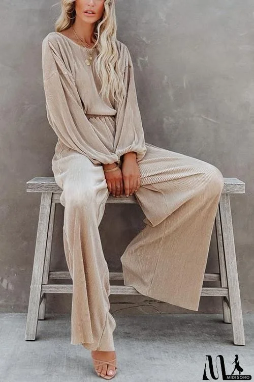MidiSono - Pleated Crop Blouse Wide Leg Pants Set