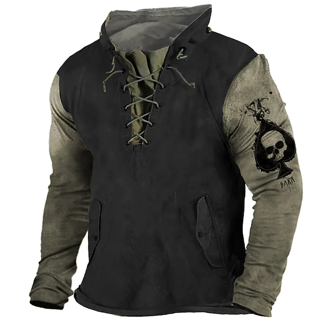 Mens Vintage 3D Skull Color Matching Tactical Lace-Up Hooded Sweatshirt