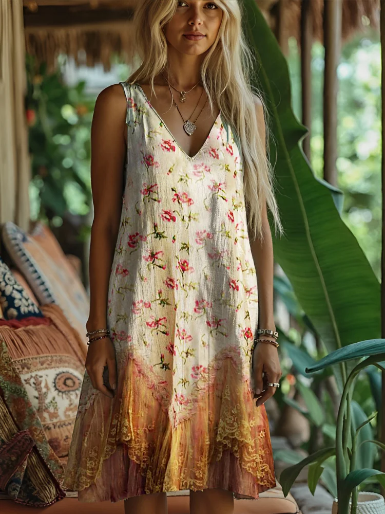 Floral Lace Splicing Rustic Style Women's Linen Vest Dress