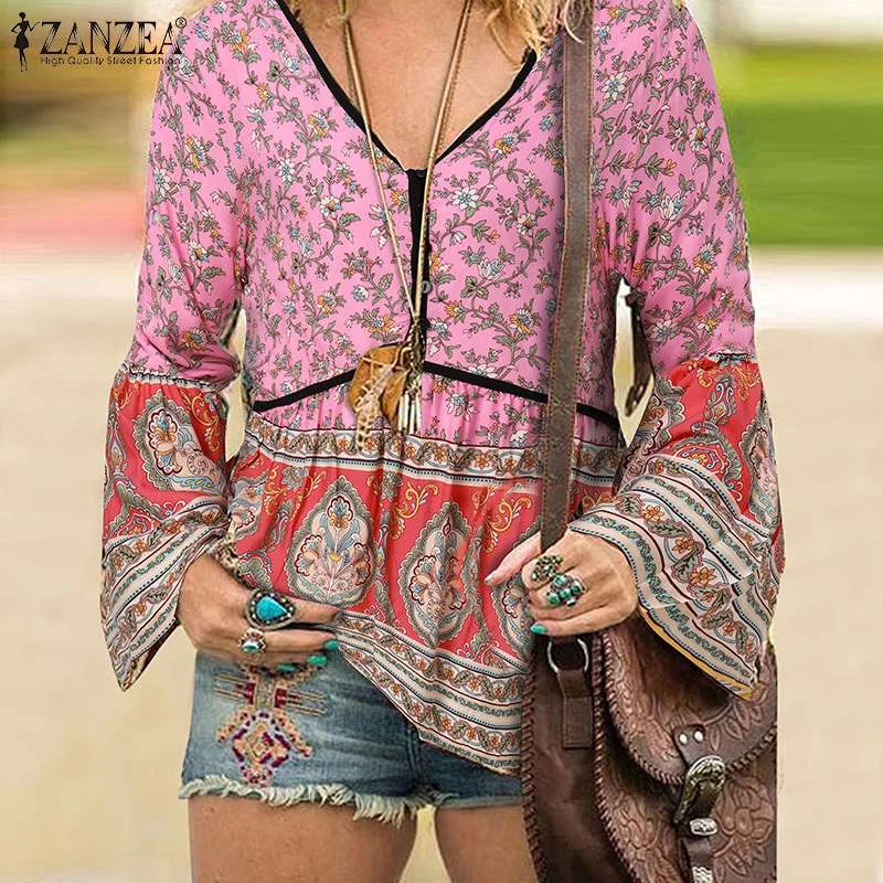 ZANZEA Bohemian Women Floral Printed Holiday Blouse Autumn V Neck Long Sleeve Shirt Female Blusas Casual Vintage Party Tops