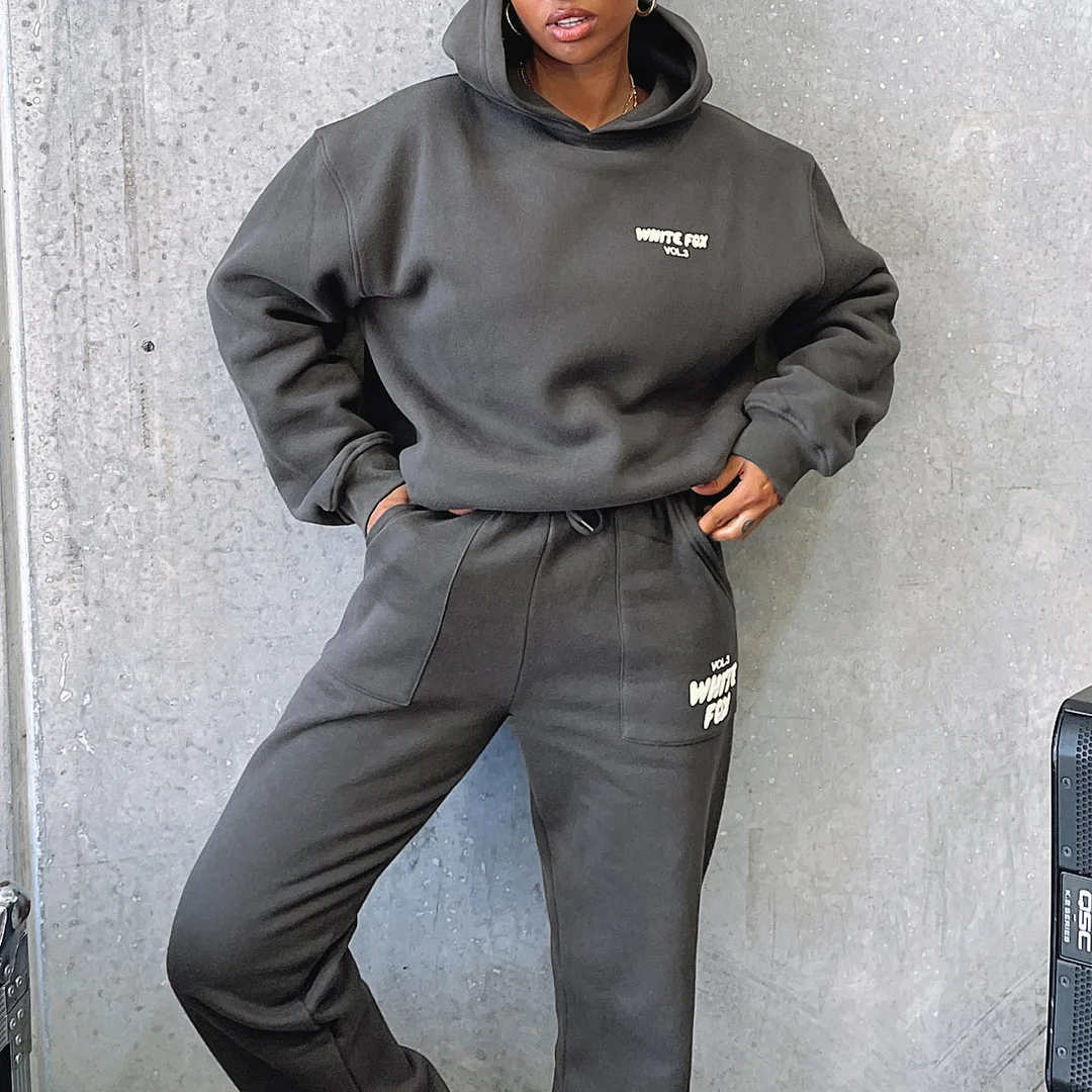 Fashion Sports LOGO Long Sleeve Pullover Hooded Sweatshirt Two Piece Set