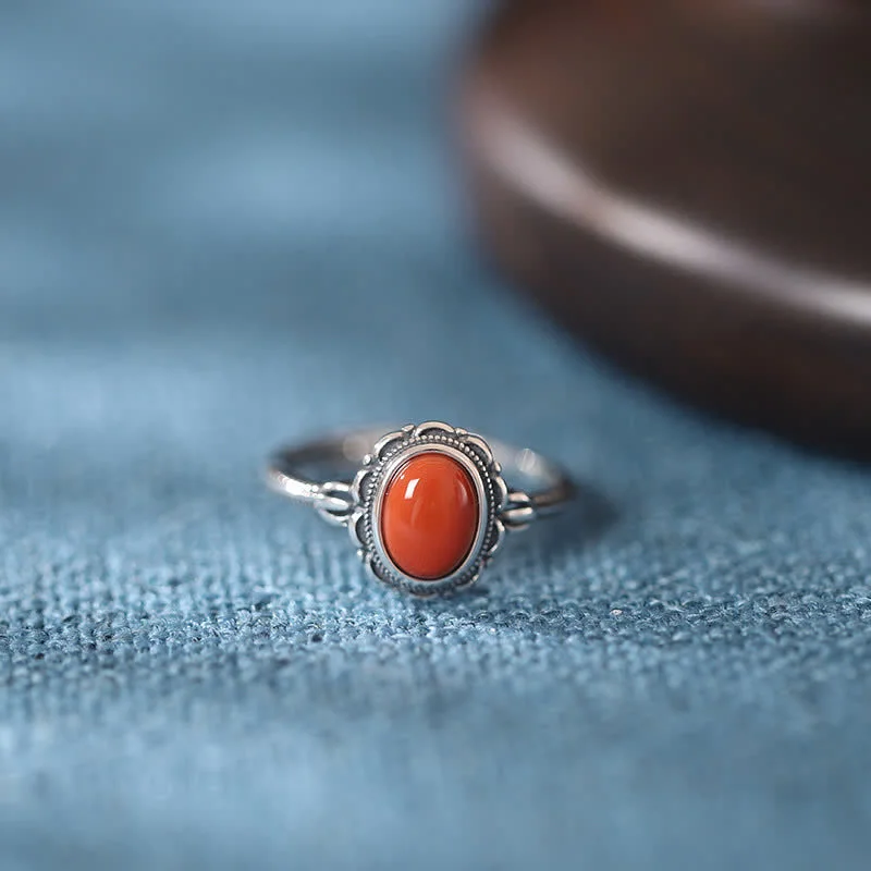 Tibetan Turquoise Red Agate 925 Sterling Silver Protection Ring