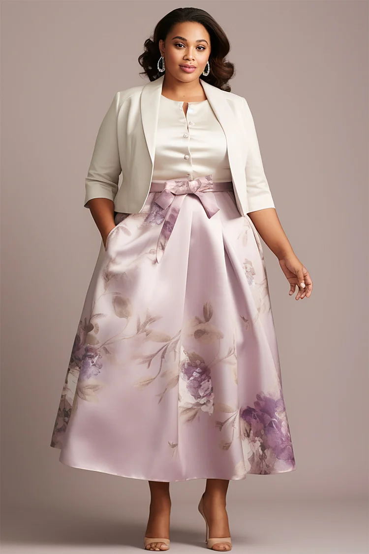 Xpluswear Design Plus Size Mother Of The Bride White Floral Round Neck 3/4 Sleeve Button Pocket Satin Two Piece Dress Set