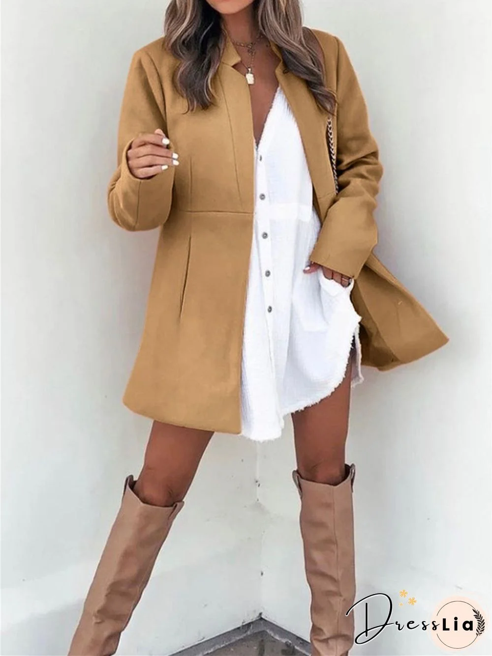 Solid Color Slim Long Sleeve Pocket Ladies Coat