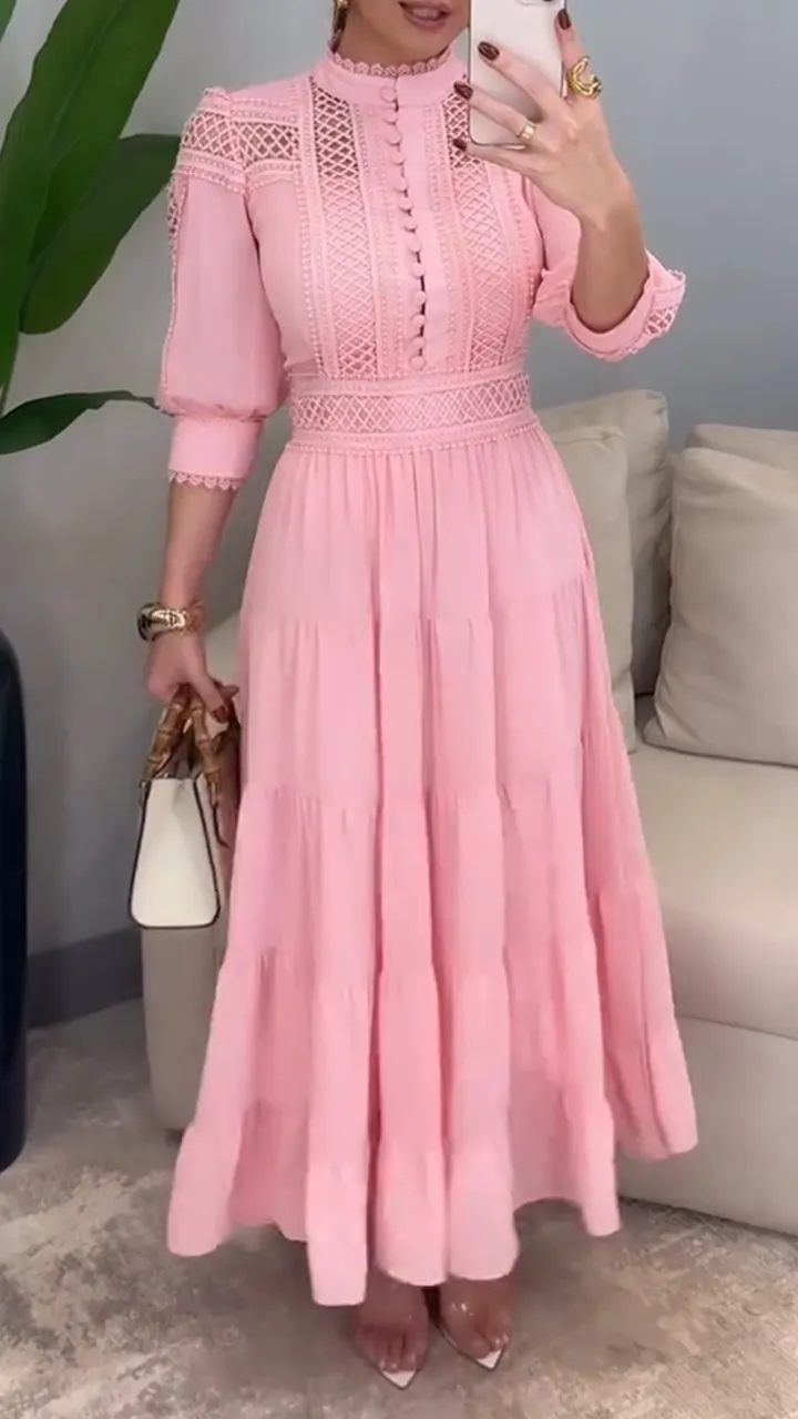 Women Round Neck Lace Hollow Splicing Elegant Temperament Dress