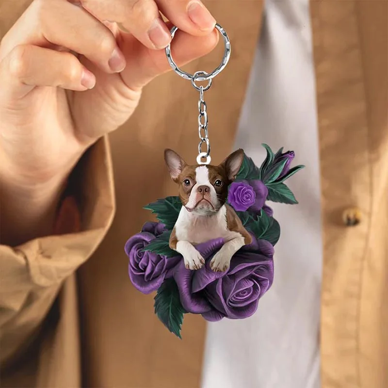 VigorDaily Boston Terrier In Purple Rose Acrylic Keychain PR055