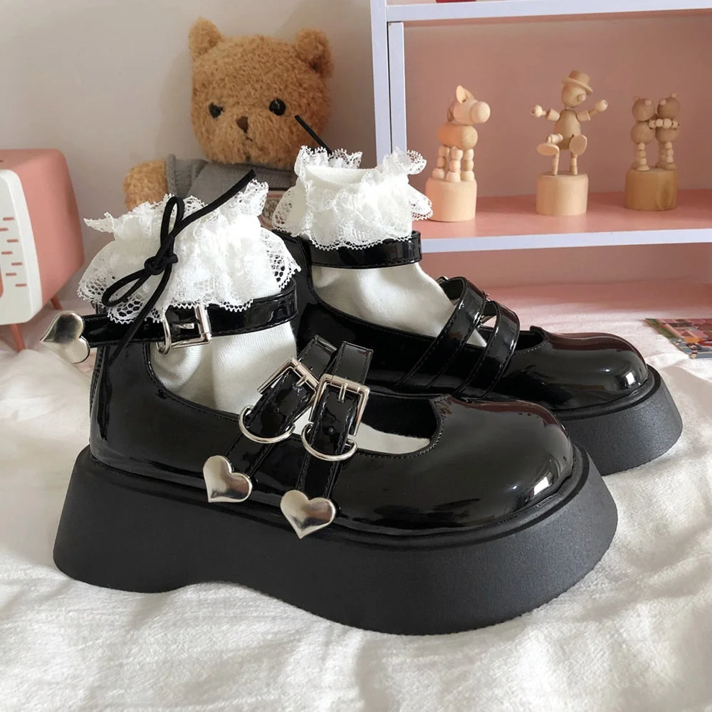 Women Shoes Sweet Lolita Shoes Platform Round Head Thick Heel Cross Bandage Kawaii Shoes Cosplay Mary Jane Shoes Heart Buckle