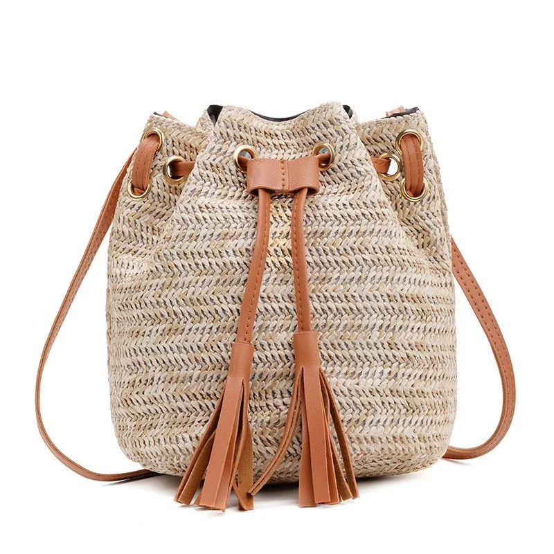 casual tassel rattan large capacity tote women wicker woven buckets bag summer beach shoulder crossbody bags straw purses 2020