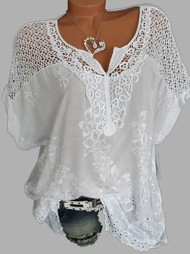 V Neck  Patchwork  Embroidery Blouses
