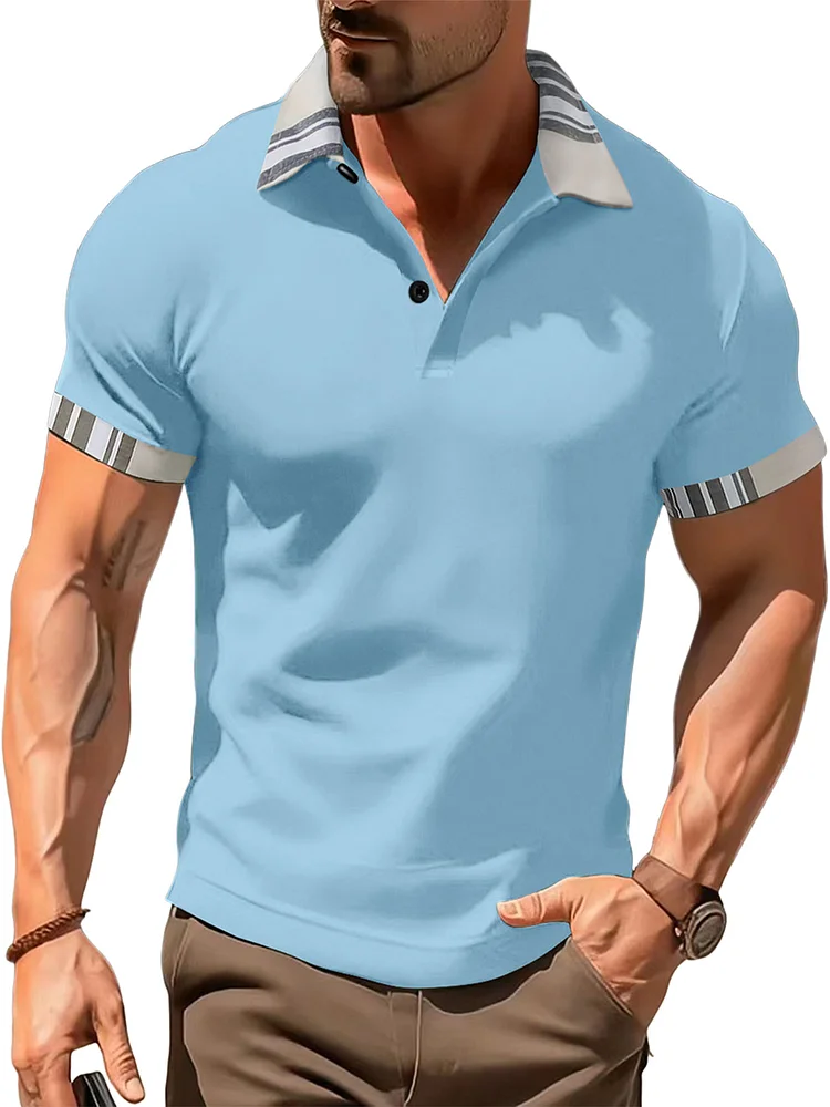 Men's leader color block button solid color short sleeve polo shirt