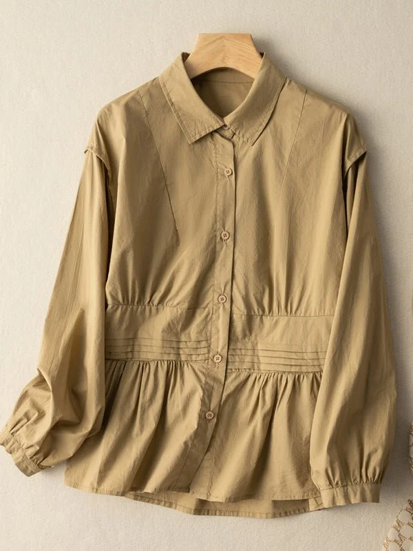 100% Natural Fabric Pleated Button Long Sleeve Loose Casual Shirt