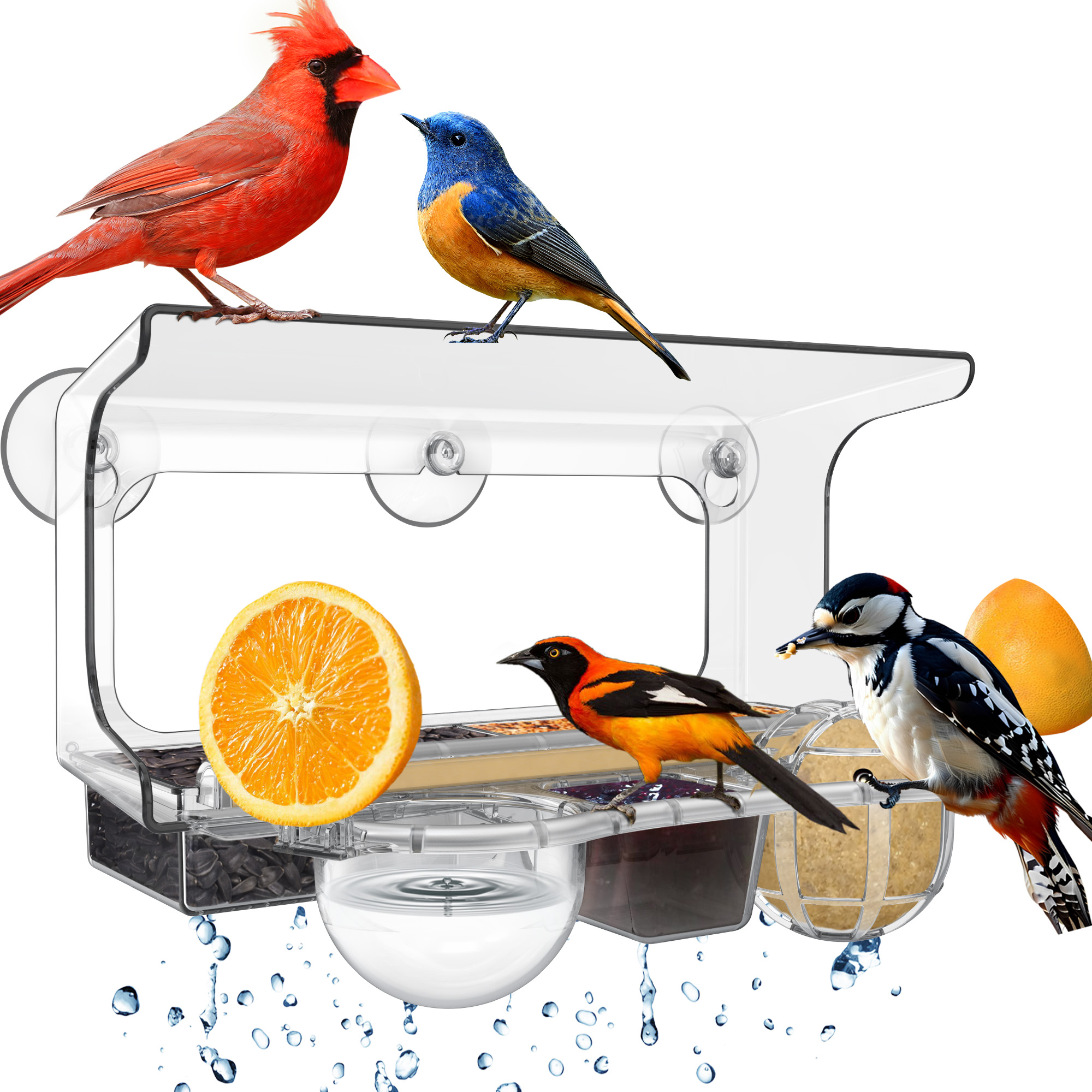 LUJII 6-in-1 Window Bird Feeder with Strongest Suction Cups, All-in-one Feeder for Bird Seed, Suet Ball, Mealworm, Oriole Orange Fruit, Jam or Water, 2 Removable Trays for Easy Cleaning, Clear