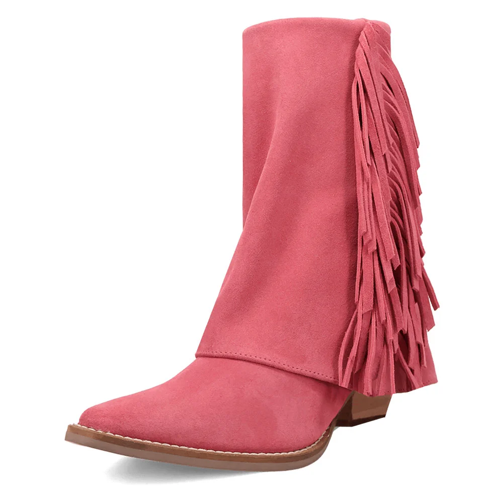 Vegan Suede Chunky Heel Almond Toe Fringe Cowgirl Boots in Pink