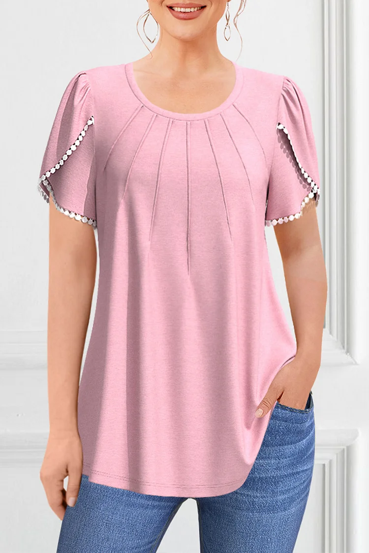 Flycurvy Plus Size Casual Pink Lace Panel Petal Sleeve Pleated Blouse  Flycurvy [product_label]