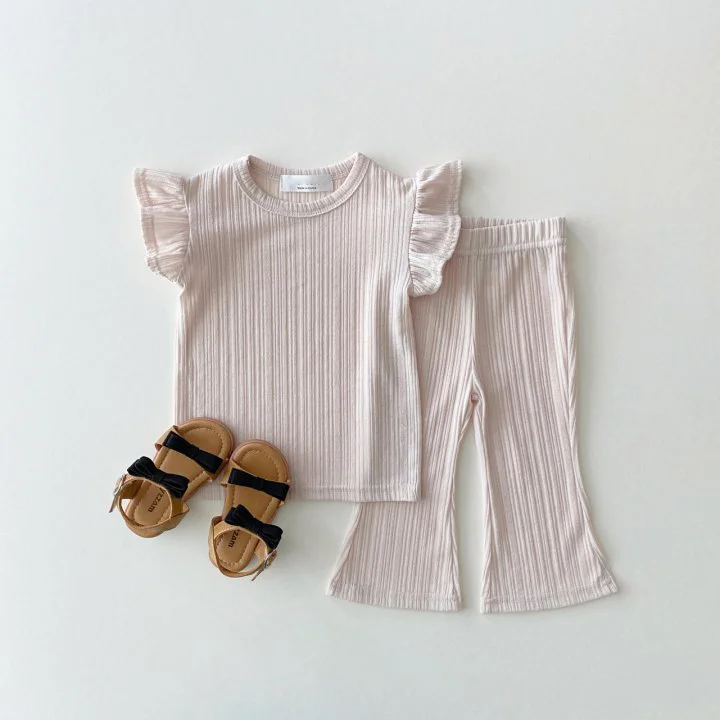 2pcs Baby Toddler Girl Solid Ruffle Thin Ribbed T-shirt and Pants Set