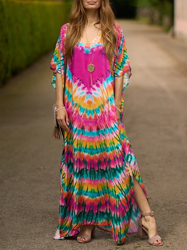Split-side Tie-dyed Batwing Sleeves Loose V-neck Maxi Dresses Beach Cover-Up
