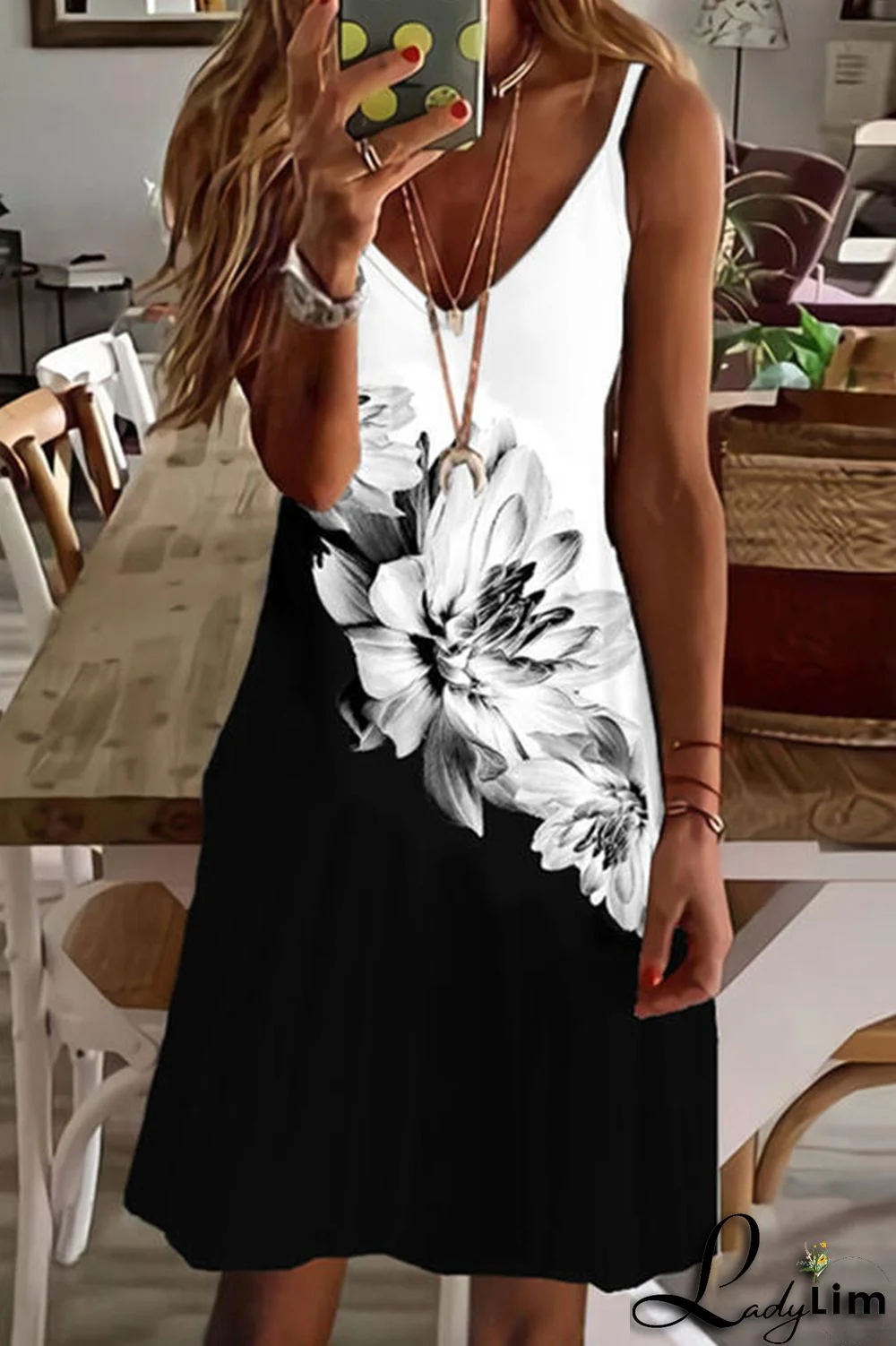 White Black Sexy Casual Print Backless V Neck Sling Dress