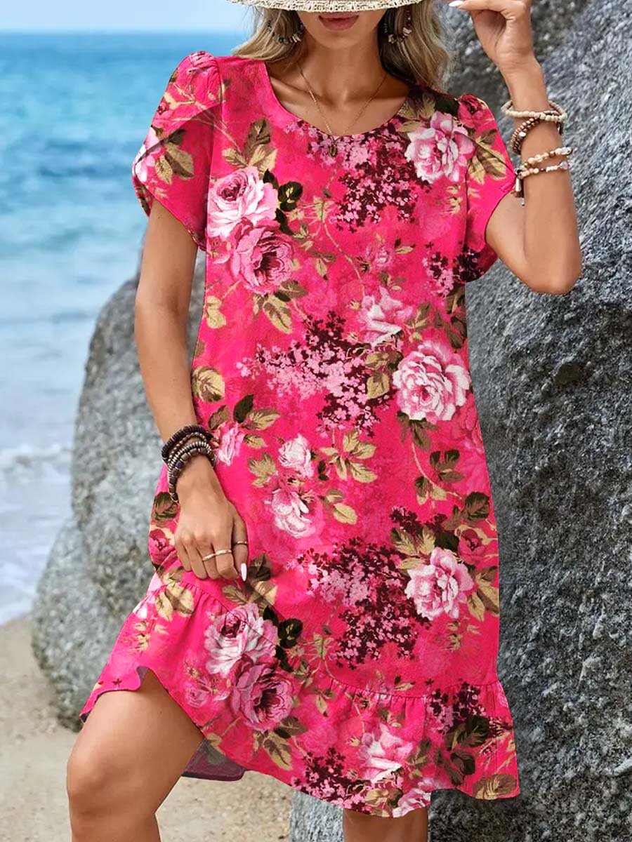Women's Floral Art Print Crew Neck Casual Petal Sleeve Ruffle Hem Dress