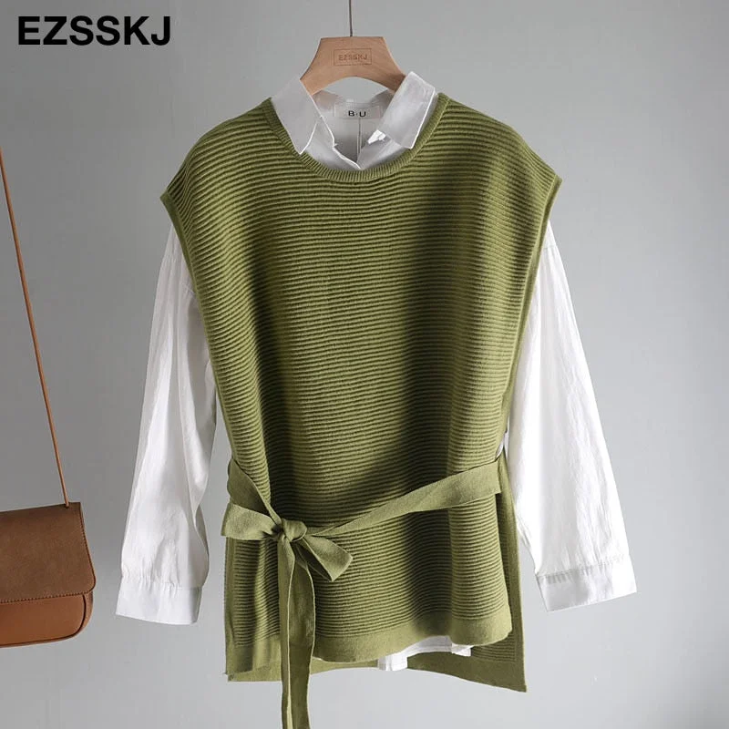 chic spring autumn oversize sash Sweater vest  Women  Sleeveless pollover casual  o-neck Sweater female knit Jumpers top