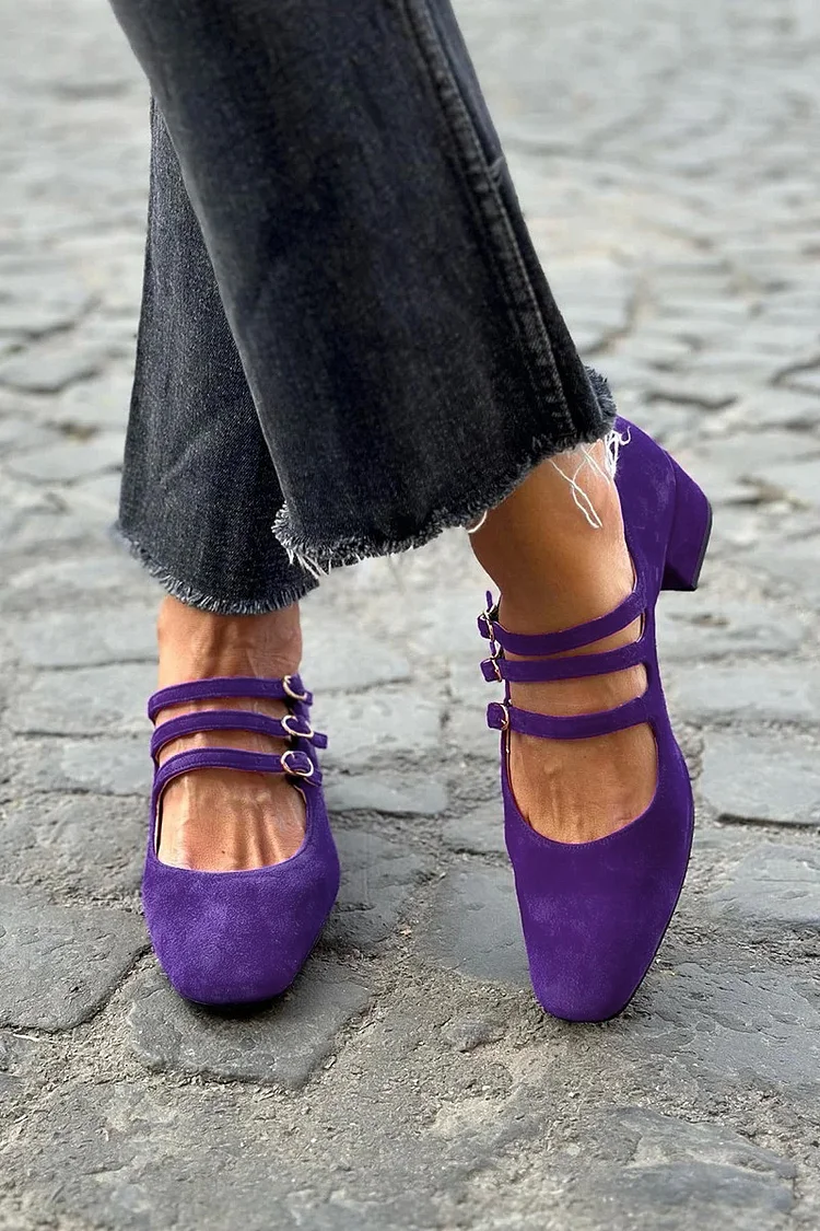 Multi Straps Buckle Square Toe Purple Chunky Heels