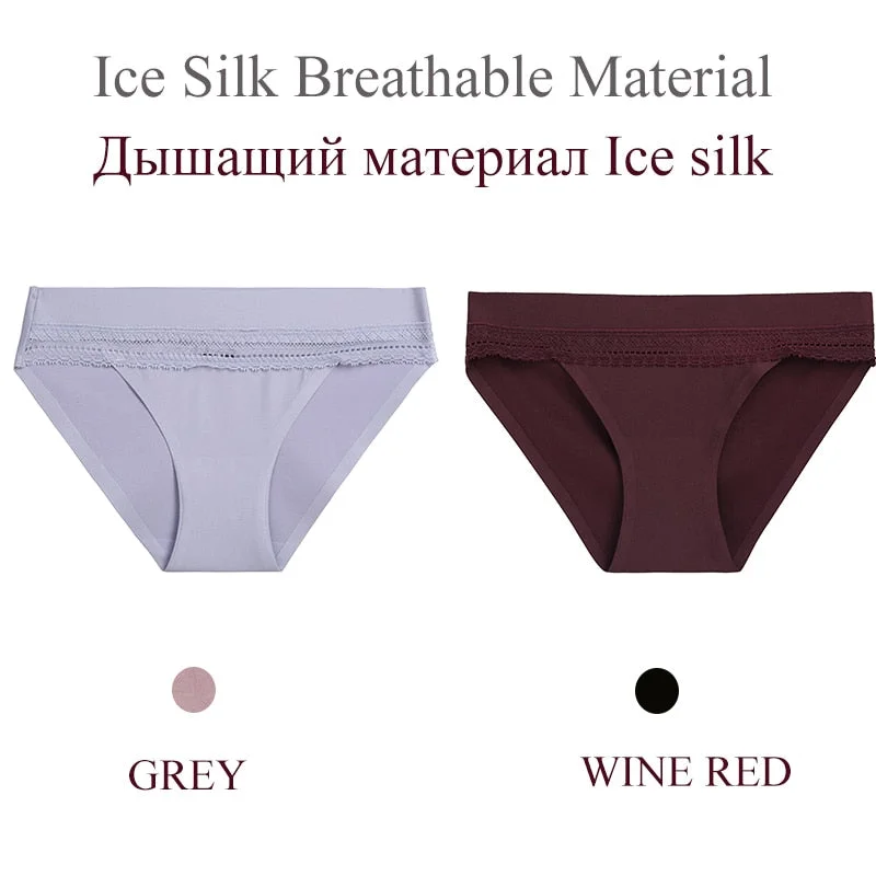 FINETOO 2PCS/Set Woman Lace Sexy Panties Ice Silk Women Underwear Seamless Low-Rise Lingerie Female Breathable Girls Panty 2021