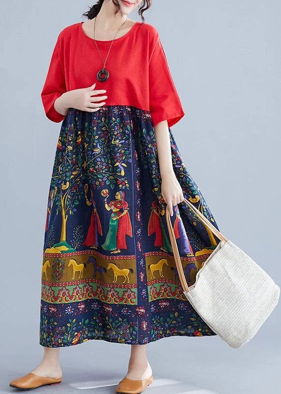 Fashion Red O-Neck Patchwork Print Pockets Summer Maxi Dresses