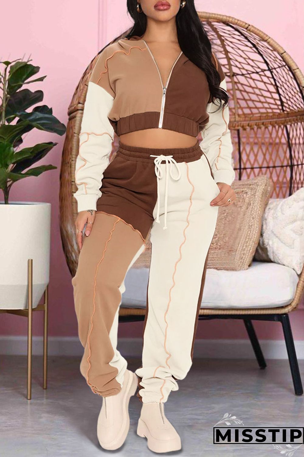 Pink Casual Sportswear Solid Patchwork Zipper Hooded Collar Long Sleeve Two Pieces