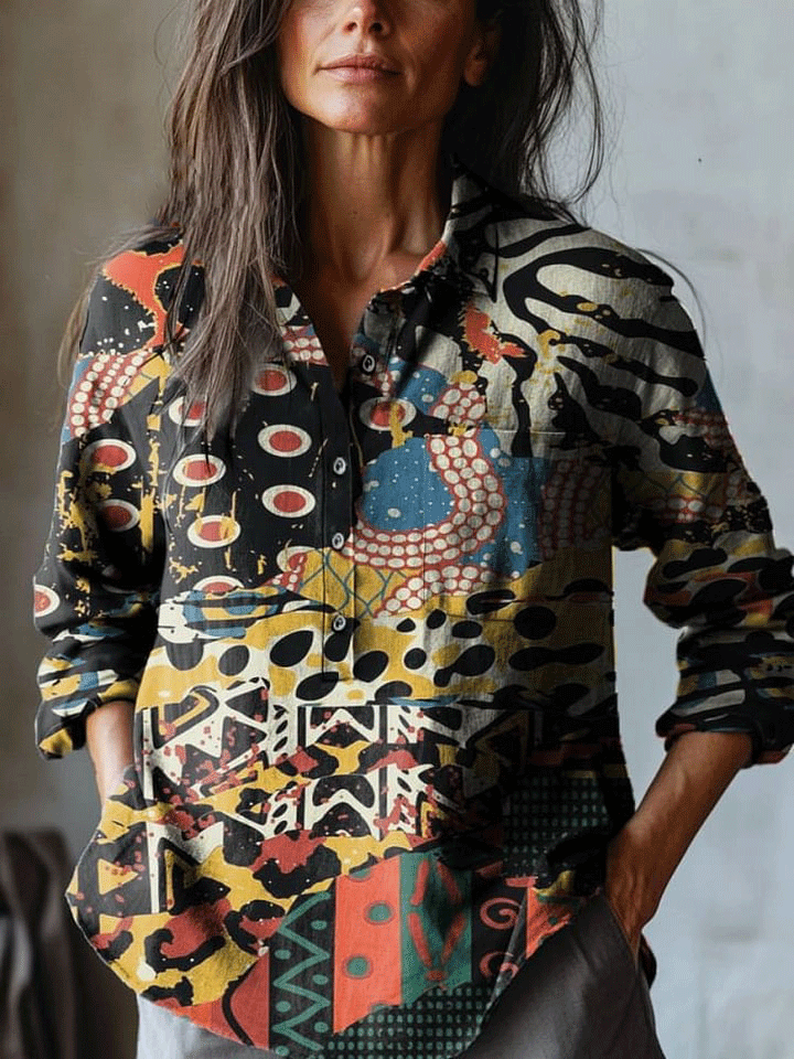 Women's Retro Abstract Geometric Art Print Casual Cotton And Linen Shirt