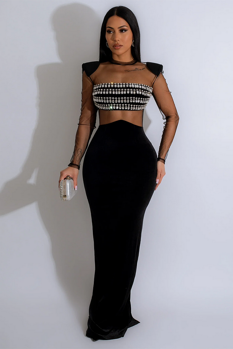 See Through Shoulder Padded Rhinestone Patchwork Bodycon Party Maxi Dresses-Black