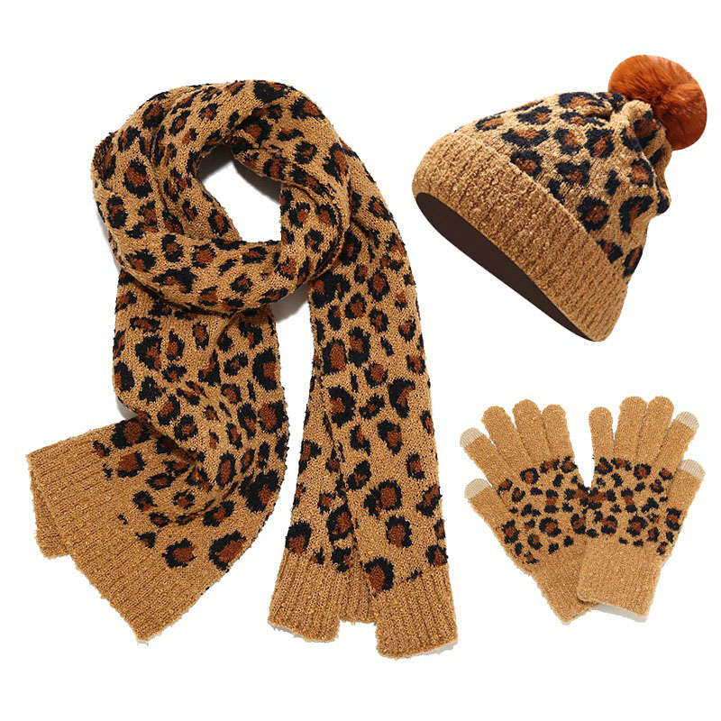 Women's Leopard Print Warm Wool Hat Scarf And Gloves Three-Piece Set