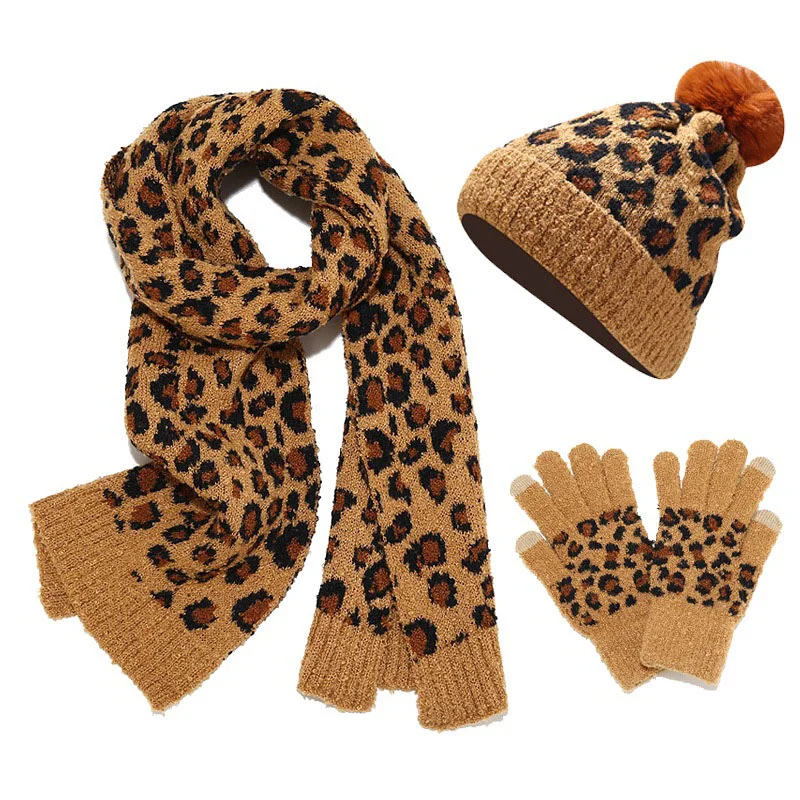 Women's Leopard Print Warm Wool Hat Scarf And Gloves Three-Piece Set